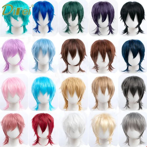 DIFEI synthétique noir rouge rose cheveux courts raides pour garçon fête résistant à la chaleur faux cheveux mulet poisson tête type hommes Cosplay perruques 240111