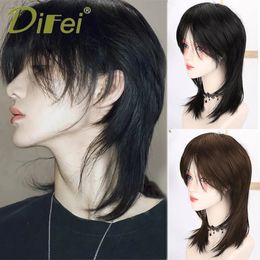 Difei Synthetic Cosplay Wig Mullet Head Wig Natural Black Red Gold Wig High Quality For Boy Short Straight Wolf Tail Fake 240520