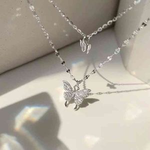 Difeng S999 Sterling Silver Double Couche Papillon Collier Femme Minorité Vent Froid Bijoux En Argent Sterling Pliant Chandail Chaîne Automne