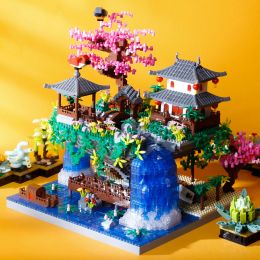 Ladrillos de diamantes de diferentes tamaños sakura blossom estanque construyendo arquitectura de jardín chino cascada juguetes de bricolaje para adultos