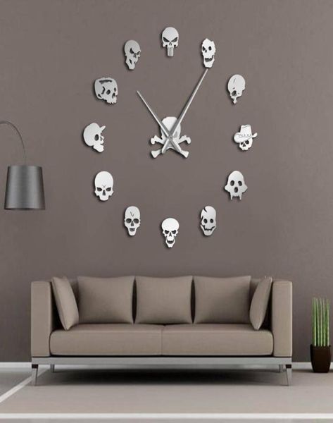 Différentes têtes de crâne bricolage horreur mur Art horloge murale géante grande aiguille sans cadre têtes de zombies grande montre murale Halloween décor 20118124446