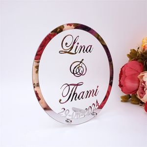 Style différent personnalisé signes de mariage nom Date acrylique miroir cadre mot signe fête décor avec ongles faveur cadeau rond coeur 211216