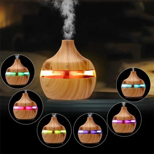 Difusores Humidificador de grano de madera de 300 ml Aromaterapia Difusor de aire de aceite esencial Difusores ultrasónicos de niebla fría de bambú con cambio de 7 colores LED