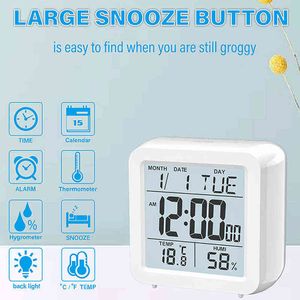 Réveil numérique LED Horloge de table Chambre Snooze Calendrier Thermomètre Hygromètre Humidimètre Prévisions météo Horloge de bureau 211112