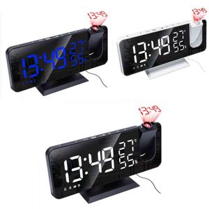 Digital Alarm Clock Projection Radio Temperature Humidity Time Night Display Mirror LED Clock USB Output Ports Table Clock 211111