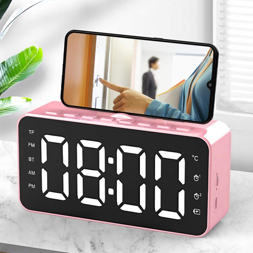 Digital Alarm Clock Speaker, USB Charging bedside bluetooth speaker with mirror and LED Display, dimmable