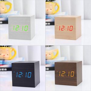 Despertador digital Luz LED de madera Control de voz multifuncional Cubo moderno Muestra la fecha para viajes en el hogar y la oficina