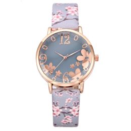 Montre pour femme à quartz avec ceinture et fleur d'art numérique