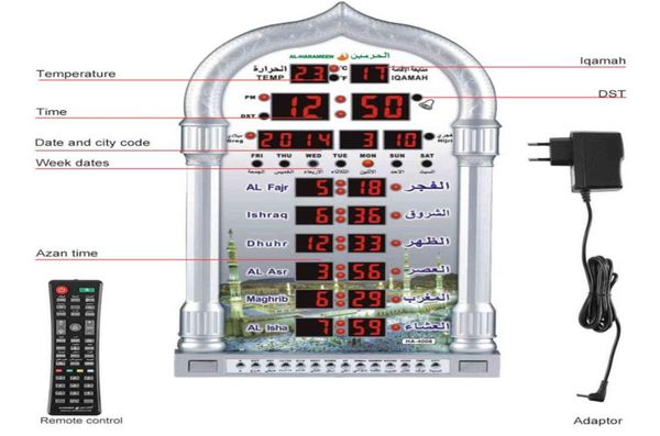 Horloge de prière numérique de la mosquée Azan Calendrier islamique Azan Horloge murale de prière musulmane Alarme Ramadan Support de télécommande CSV H19571588