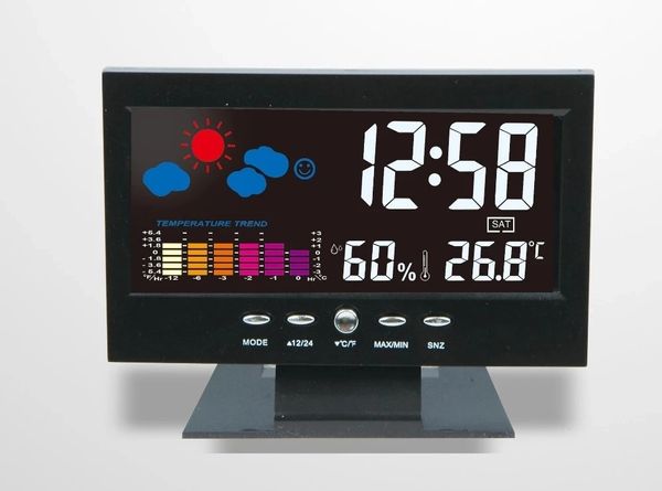 Digitaler Kalender LED-Uhr Wettervorhersagestation Großbild mit Hintergrundbeleuchtung LCD-Tischuhr Thermometer Hygrometer Timer