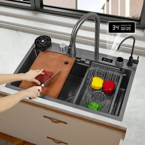 Évier de cuisine à affichage numérique Évier en acier inoxydable Grande fente unique avec robinet cascade tactile multifonction au-dessus du comptoir
