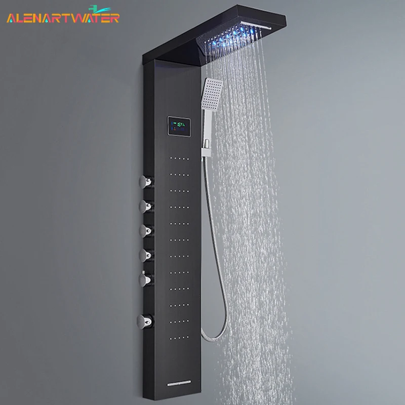 Digital Display Rainfall Shower Dusch Faucet Badrum Spa Massage Jet Black LED Light Shower Panel med handskår Bidet Sprayer Tap