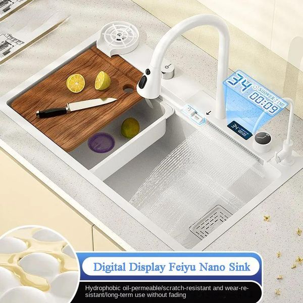 Fregadero de cocina de cascada con pantalla Digital, fregadero multifuncional Nano de acero inoxidable 304, lavabo de verduras, tanque individual grande blanco