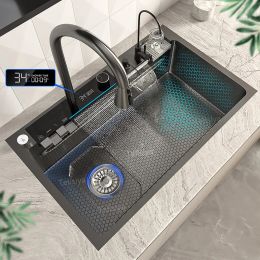 Affichage numérique Évier en cascade en acier inoxydable Évier de cuisine en relief grande fente unique lavabo multifonctionnel