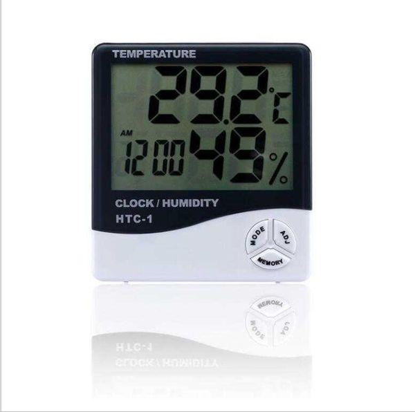 Digital LCD Temperatura Higrómetro Reloj Medidor de humedad Termómetro con reloj Calendario Alarma HTC-1 100 piezas hasta DAP292