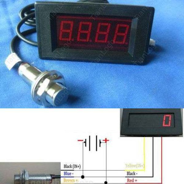 Freeshipping Tachymètre numérique à LED RPM Panneau de vitesse Compteur à 4 chiffres 9999RPM Tacho Gauge + Capteur de proximité Hall + aimant 12v 24v voiture