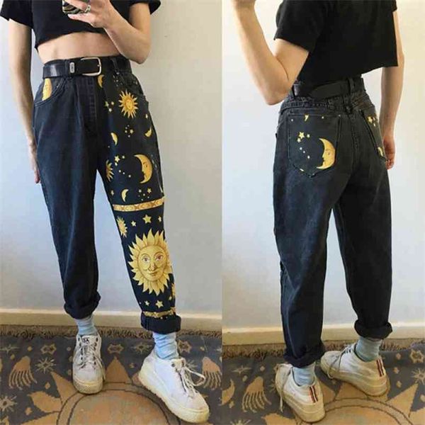 Digital Moon Star Pantalon droit imprimé Jeans tendance Mode Dames Taille haute Jeunes filles Chic Denim 210825