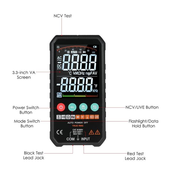 Multimètre numérique LCD 6000 Compte True RMS AC / DC Résistance à la tension de la résistance de la résistance de la résistance de la fréquence de la fréquence de la température du test NCV