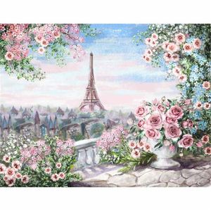 Peinture numérique vinyle aquarelle toiles de fond pour la photographie Fleurs de fleurs roses Tour Eiffel Vue sur la ville Enfant Enfants Photo Studio Milieux