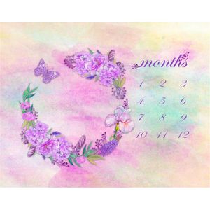 Digitale geschilderde aquarel pastel roze baby achtergrond bloemen krans paars bloemen vlinder kalender fotografie achtergrond voor pasgeboren