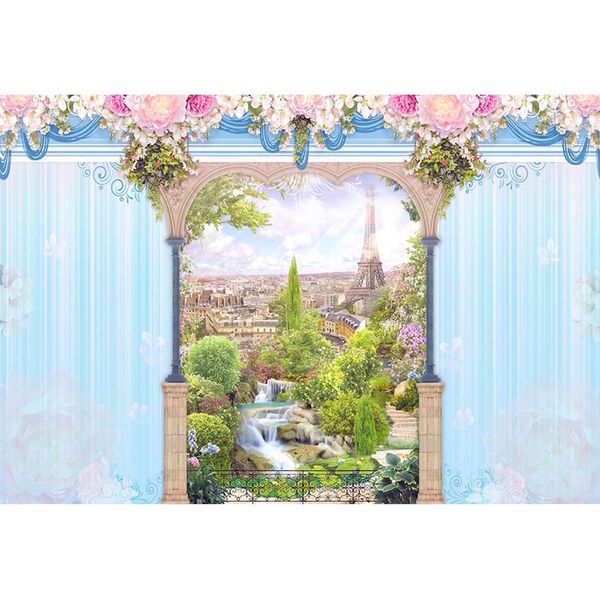 Rideaux bleus imprimés numériques fleurs roses balcon toile de fond jardin photographie de mariage Paris ville tour Eiffel arrière-plans Photo