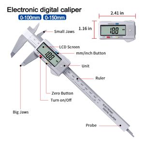 Pied à coulisse numérique Outils à main LCD Électronique Altimètre Micromètre Outil de mesure Règle en plastique 0-150mm 0-100mm 6 pouces