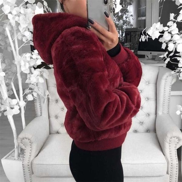 DIHOPE fausse fourrure femmes manteau avec capuche taille haute mode mince noir rouge rose fausse fourrure veste faux lapin fourrure manteaux 211206