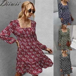 Diiwii Fashion Womenswear Col Carré Floral Automne Hiver Robe Mini Casual Manches Longues A-Line Ruffles 201027