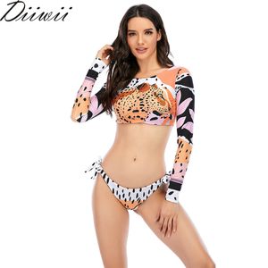 Diiwii Surfing Badpak voor Vrouwen 2021 Bikini Lange Mouw Badmode Tijger Print Push Up Summer Bath Suit Two Piece Bandeau X0522