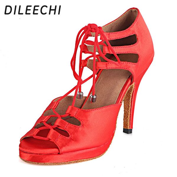 DILEECHI chaussures de danse latine pour femmes chaussures de danse de soirée salsa satin plateforme imperméable rouge noir bronze talon 10 cm chaussures de danse 240117
