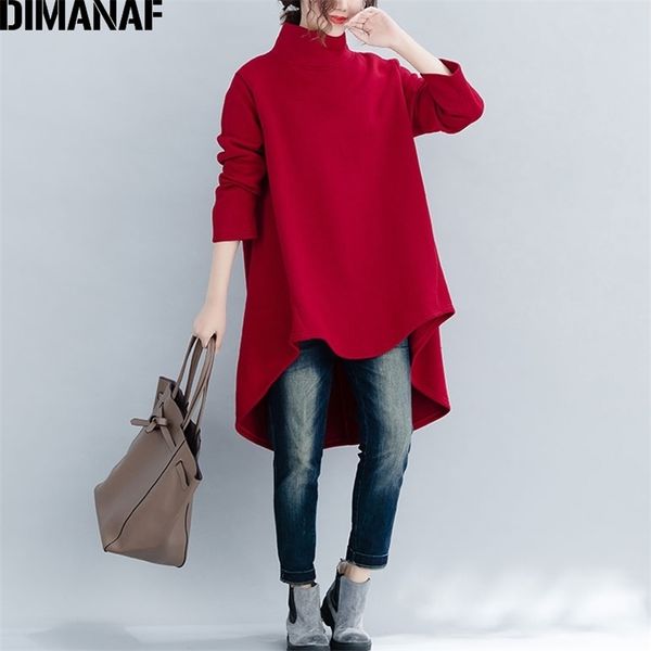 DIMANAF Otoño Invierno Jersey Mujer Ropa Cálida Sudaderas con capucha Sudaderas Sueltas Algodón Punto Espesar Tops Turtleneck Rojo Negro 210803