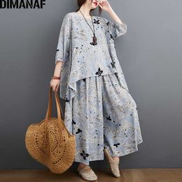 DIMANAF Plus La Taille Deux Pièces Ensemble Costume Femmes Vêtements Vinatge Imprimer Élégant Lady Tops Chemise Linge Lâche Pantalon Femme Costume D'été 210714