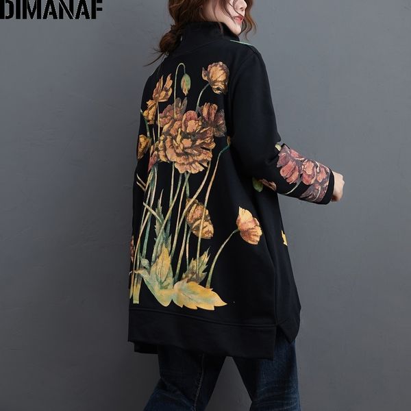 DIMANAF Plus Taille Femmes Sweats à capuche Sweatshirts Pull Lady Tops Floral Print Turtleneck Automne Hiver Coton épais Vêtements amples 201203