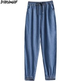 Dimanaf Plus Size Dames Jeans Broek Hoge Taille Denim Harem Vrouwelijke Elastische Trekkoord Zakken Blauwe Broek Grote S-5XL 210720