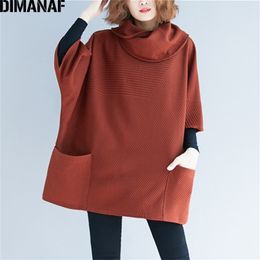 DIMANAF Plus Size Mulheres Moletons Pulôveres Feminino Tops Camisas Gola Alta Outono Inverno Grande Tamanho Solto Casual Roupas Grossas 201211