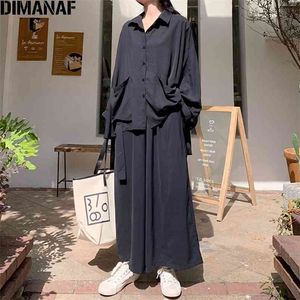 Dimanaf set pak vrouwen kleding oversize 2 stuk set casual lange mouw knop shirts zakken losse lange broek pak effen zwart 210819