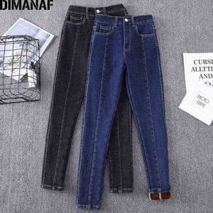 DIMANAF Femmes Cothing Jeans Oversize Coton Denim Crayon Pantalon Polaire Taille Élastique De Mode Lady Skinny Pantalon Automne Hiver 211129