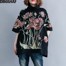 Dimanaf Dames Hoodies Sweatshirts Oversize Tops Zwarte Vrouwelijke Turtleneck Pullover Herfst Thinkmen Katoen Losse Print Floral 210813