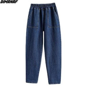 Dimanaf dames jeans broek hoge taille losse denim vrouwelijke elastische veerbasis zakken blauwe broek ED 220114