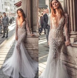 Dimitrius Dalia 2019 robes de mariée sirène col en V dentelle robes de mariée manches longues Illusion plage robe de mariée sur mesure