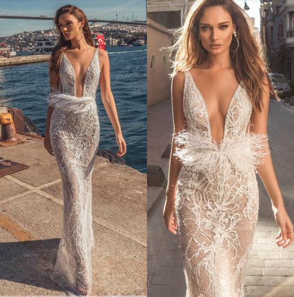 Dimitrius Dalia 2019 vestidos de novia de sirena con plumas con cuello en V vestidos de novia de encaje vestito da sposa vestido de novia de playa sin espalda personalizado