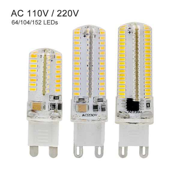 Dimmable G9 Led Ampoule 152 104 64 LED Lampes 110V 130V 220V 230V Projecteur Ampoules 3014 SMD Sillcone Corps 9w 12w 15w