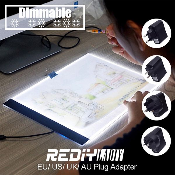 Dimmable Ultra Thin A4 LED Pad Light Tablet USB Câble EU / UK / AU / US Plug Adaptateur Diamant Broderie Diamant Peinture Point De Croix 201202