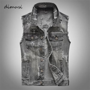 DIMUSI Spring Vintage Design Mens denim vest mannelijke retro mouwloze jassen mannen gescheurd gatknop Jean Waistcoats kleding 5xl 240515