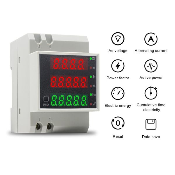 DIN Rail monophasé monophasé LCD Voltmètre AC 80-300V 0-100.0A Tension de tension Temps d'énergie Tester d'énergie 4 chiffres 3 en 1