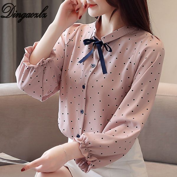 Dingaozlz nueva ropa de moda coreana dulce pajarita señora Tops Polka dot gasa blusa Casual mujer camisa