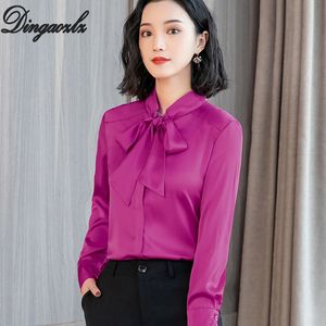 Dingaozlz chemisier en mousseline de soie de couleur unie, mode coréenne, manches longues, nœud en mousseline de soie, vêtements pour femmes, hauts décontractés, grande taille