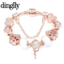 Dingly New Rose Gold United Hearts Charm Bracelet For Women Heart Shape Lock Beads Bracelet Bracelet Bangles Femme Gifts266Y