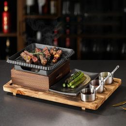 Eetkamer enkelvoudige en dubbele servies gietijzeren barbecuebord vierkante alcohol oven bakplaat Koreaanse stijl barbecue kachel set 240428