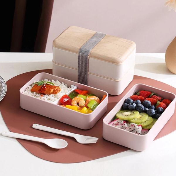 Cineboz 1.2L Doble capa Bento Box Fashion Simple Japonse Troy Profess Lunch Contenedor con cuchara de cuchillo y partición